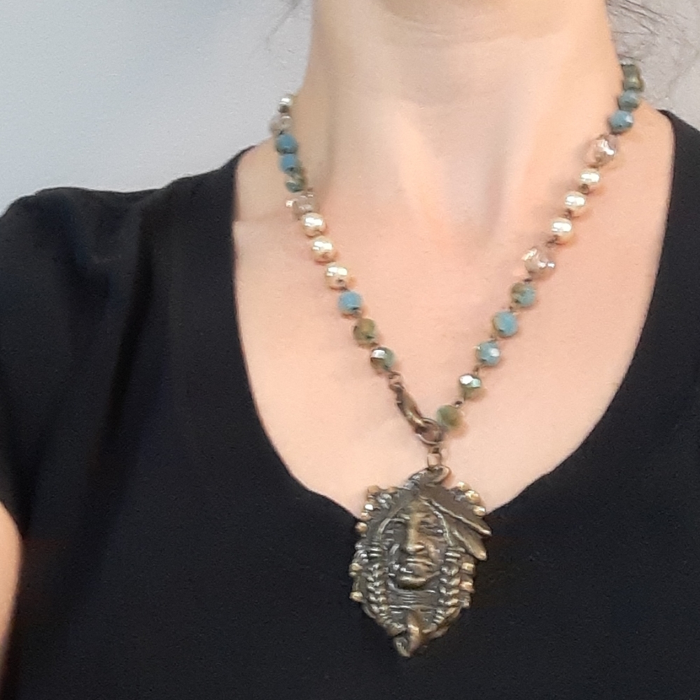 Turquoise-Bead Bronze Tribal Pendant Necklace - Women Jewelry